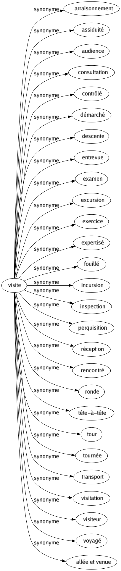 Synonyme de Visite : Arraisonnement Assiduité Audience Consultation Contrôlé Démarché Descente Entrevue Examen Excursion Exercice Expertisé Fouillé Incursion Inspection Perquisition Réception Rencontré Ronde Tête-à-tête Tour Tournée Transport Visitation Visiteur Voyagé Allée et venue 