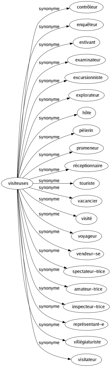 Synonyme de Visiteuses : Contrôleur Enquêteur Estivant Examinateur Excursionniste Explorateur Hôte Pèlerin Promeneur Réceptionnaire Touriste Vacancier Visité Voyageur Vendeur-se Spectateur-trice Amateur-trice Inspecteur-trice Représentant-e Villégiaturiste Visitateur 