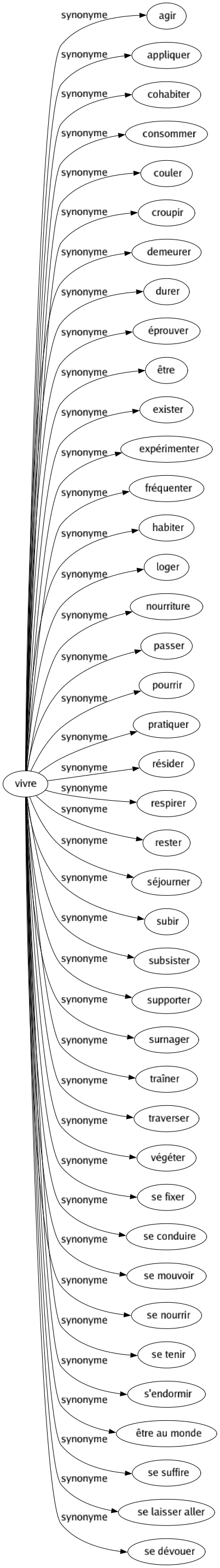 Synonyme de Vivre : Agir Appliquer Cohabiter Consommer Couler Croupir Demeurer Durer Éprouver Être Exister Expérimenter Fréquenter Habiter Loger Nourriture Passer Pourrir Pratiquer Résider Respirer Rester Séjourner Subir Subsister Supporter Surnager Traîner Traverser Végéter Se fixer Se conduire Se mouvoir Se nourrir Se tenir S'endormir Être au monde Se suffire Se laisser aller Se dévouer 