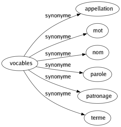Synonyme de Vocables : Appellation Mot Nom Parole Patronage Terme 