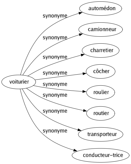 Synonyme de Voiturier : Automédon Camionneur Charretier Côcher Roulier Routier Transporteur Conducteur-trice 