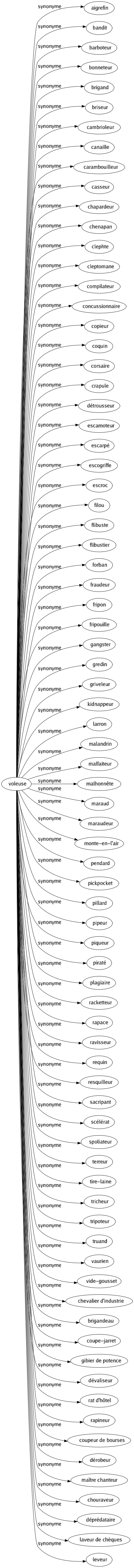 Synonyme de Voleuse : Aigrefin Bandit Barboteur Bonneteur Brigand Briseur Cambrioleur Canaille Carambouilleur Casseur Chapardeur Chenapan Clephte Cleptomane Compilateur Concussionnaire Copieur Coquin Corsaire Crapule Détrousseur Escamoteur Escarpé Escogriffe Escroc Filou Flibuste Flibustier Forban Fraudeur Fripon Fripouille Gangster Gredin Griveleur Kidnappeur Larron Malandrin Malfaiteur Malhonnête Maraud Maraudeur Monte-en-l'air Pendard Pickpocket Pillard Pipeur Piqueur Piraté Plagiaire Racketteur Rapace Ravisseur Requin Resquilleur Sacripant Scélérat Spoliateur Terreur Tire-laine Tricheur Tripoteur Truand Vaurien Vide-gousset Chevalier d'industrie Brigandeau Coupe-jarret Gibier de potence Dévaliseur Rat d'hôtel Rapineur Coupeur de bourses Dérobeur Maître chanteur Chouraveur Déprédataire Laveur de chèques Leveur 