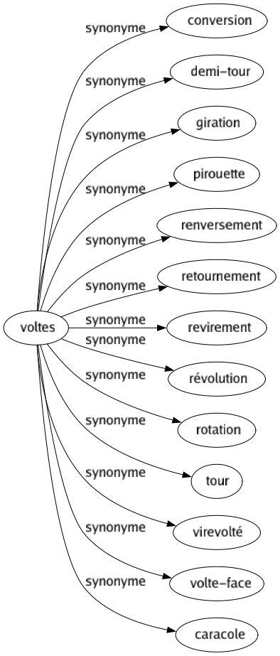 Synonyme de Voltes : Conversion Demi-tour Giration Pirouette Renversement Retournement Revirement Révolution Rotation Tour Virevolté Volte-face Caracole 