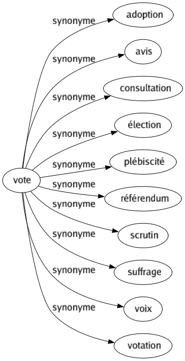 Synonyme de Vote : Adoption Avis Consultation Élection Plébiscité Référendum Scrutin Suffrage Voix Votation 