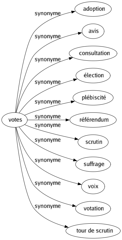 Synonyme de Votes : Adoption Avis Consultation Élection Plébiscité Référendum Scrutin Suffrage Voix Votation Tour de scrutin 