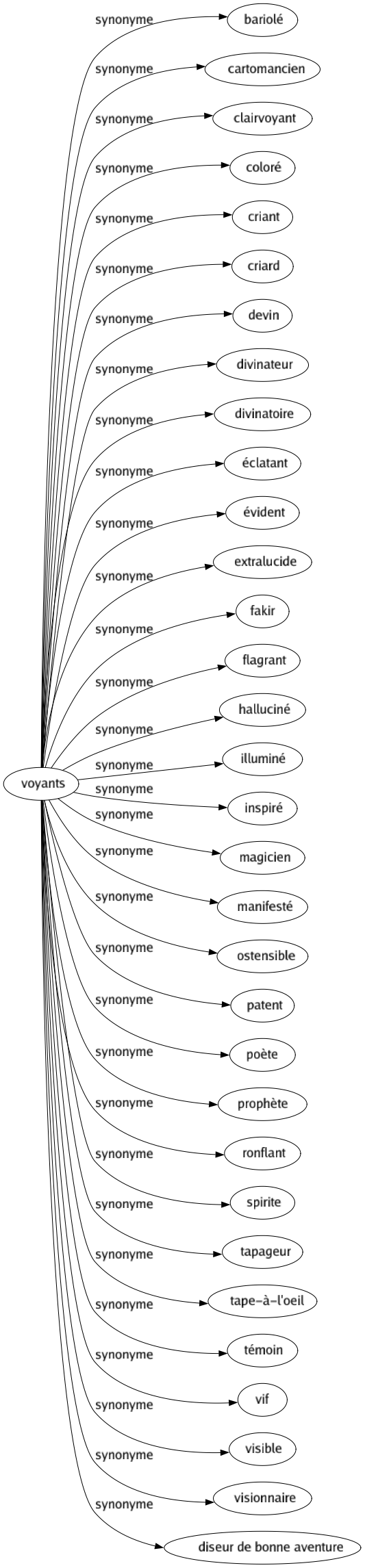 Synonyme de Voyants : Bariolé Cartomancien Clairvoyant Coloré Criant Criard Devin Divinateur Divinatoire Éclatant Évident Extralucide Fakir Flagrant Halluciné Illuminé Inspiré Magicien Manifesté Ostensible Patent Poète Prophète Ronflant Spirite Tapageur Tape-à-l'oeil Témoin Vif Visible Visionnaire Diseur de bonne aventure 