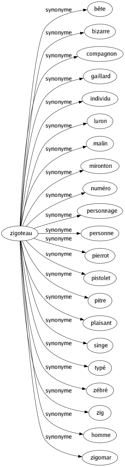 Synonyme de Zigoteau : Bête Bizarre Compagnon Gaillard Individu Luron Malin Mironton Numéro Personnage Personne Pierrot Pistolet Pitre Plaisant Singe Typé Zébré Zig Homme Zigomar 