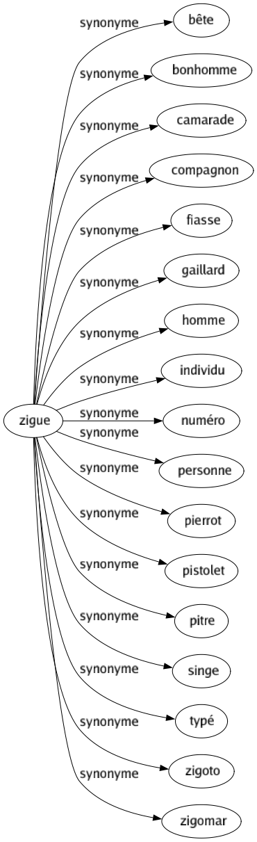 Synonyme de Zigue : Bête Bonhomme Camarade Compagnon Fiasse Gaillard Homme Individu Numéro Personne Pierrot Pistolet Pitre Singe Typé Zigoto Zigomar 