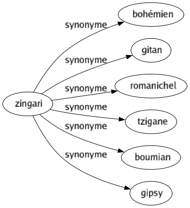 Synonyme de Zingari : Bohémien Gitan Romanichel Tzigane Boumian Gipsy 